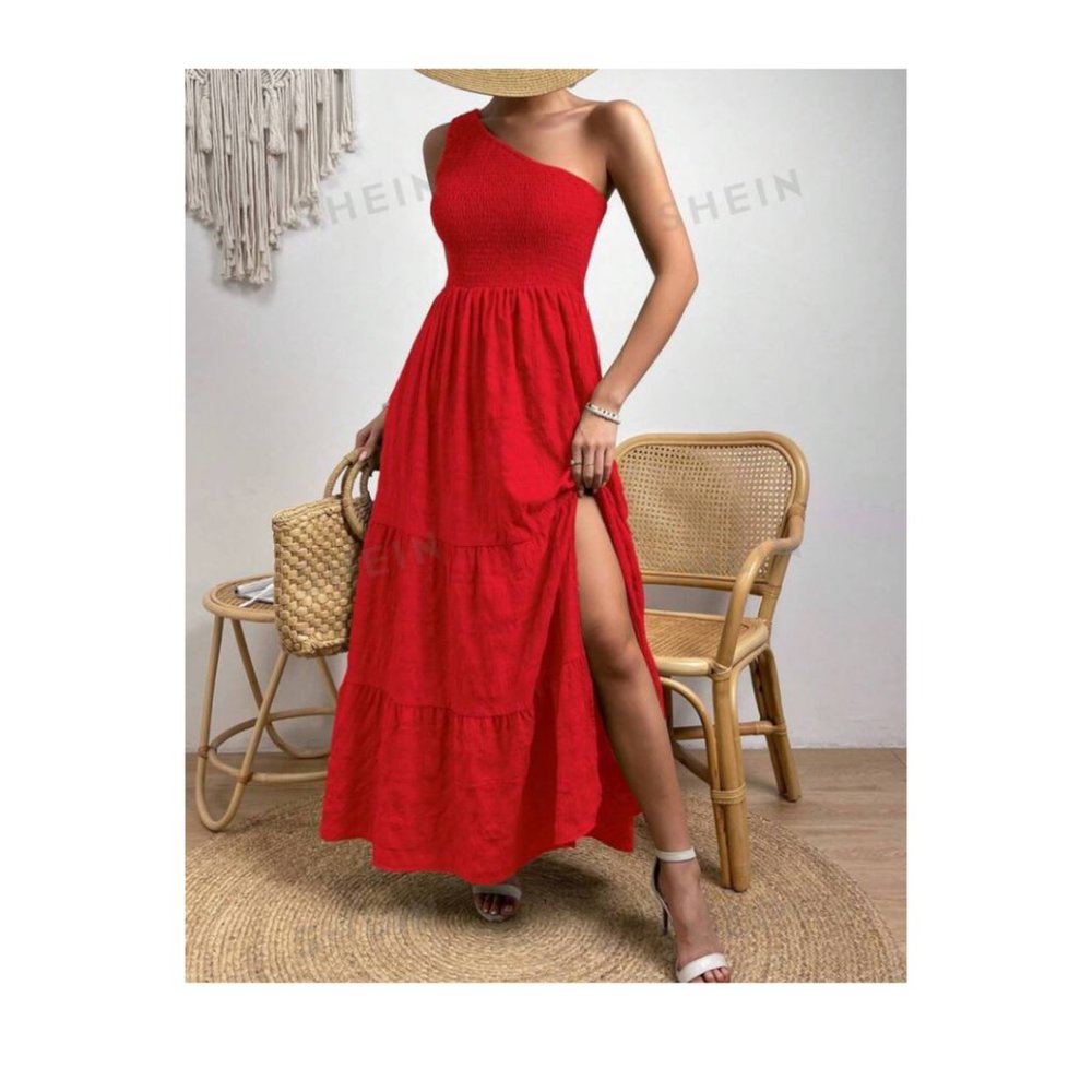 One Shoulder Ruffled Hem Maxi Sundress with Side Slit LARGE